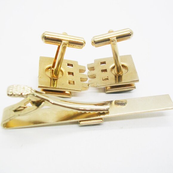 Vintage Cuff Links matching Tie Clip Bar Acrylic Marble Front gold tone - Picture 3 of 3